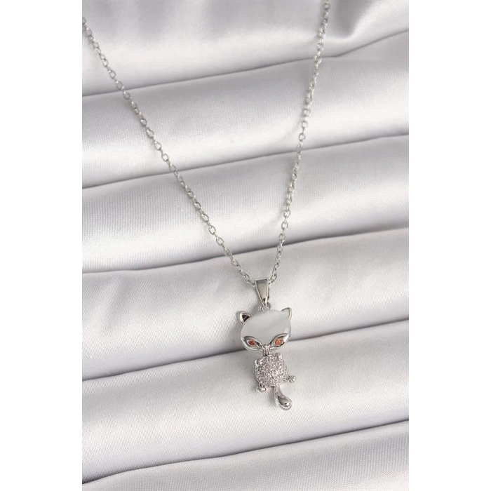316L Çelik Gümüş Renk Zincir Zirkon Taşlı Kedi Model Kadın Kolye