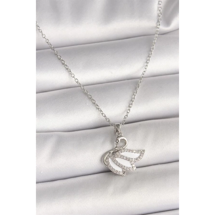 316L Çelik Gümüş Renk Zincir Zirkon Taşlı Kuğu Model Kadın Kolye