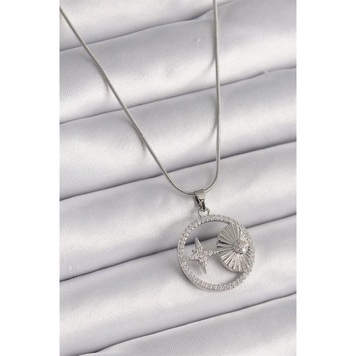 316L Çelik Gümüş Renk Zincir Zirkon Taşlı Yıldız Madalyon Model Kadın Kolye