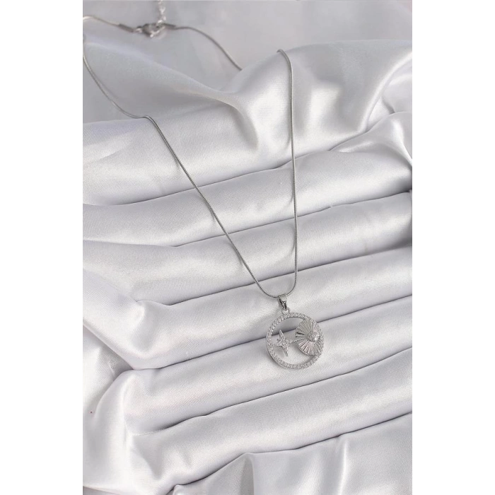 316L Çelik Gümüş Renk Zincir Zirkon Taşlı Yıldız Madalyon Model Kadın Kolye