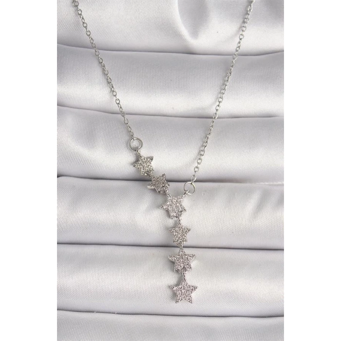 316L Çelik Gümüş Renk Zincir Zirkon Taşlı Yıldız Model Kadın Kolye