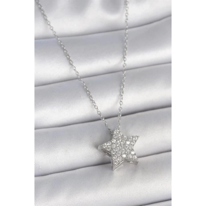 316L Çelik Gümüş Renk Zincir Zirkon Taşlı Yıldız Model Kadın Kolye