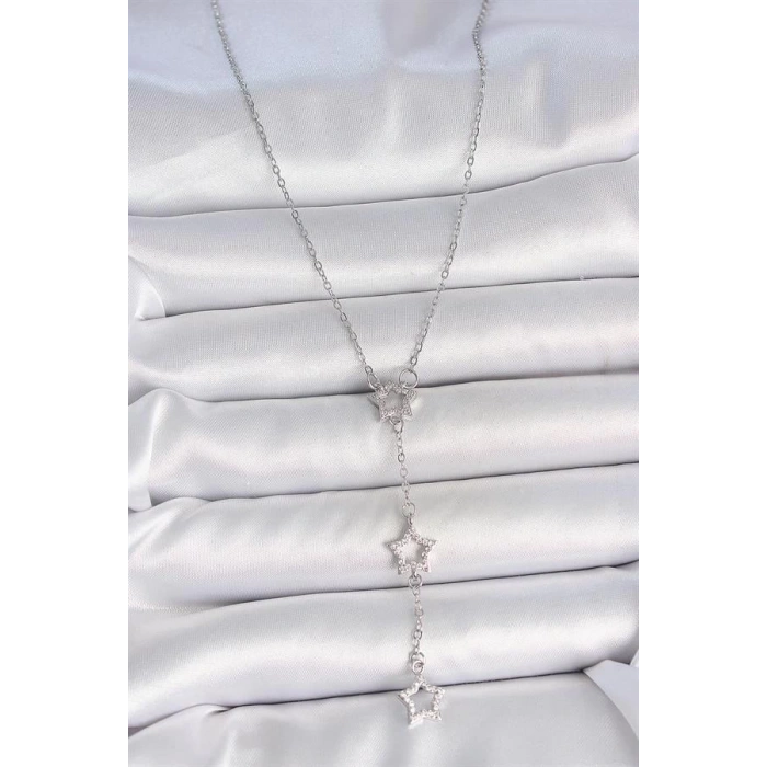 316L Çelik Gümüş Renk Zincir Zirkon Taşlı Yıldız Y Model Kadın Kolye