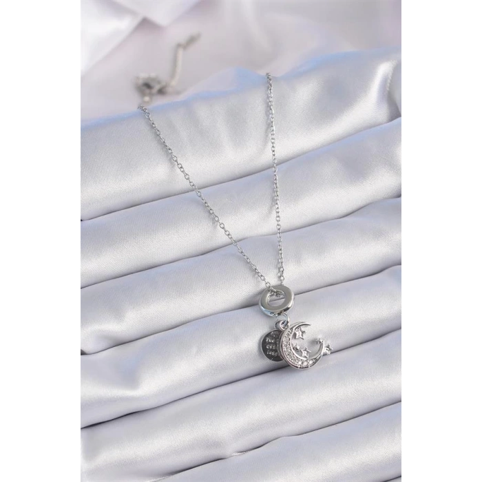 316L Çelik Gümüş Renk Zirkon Taşlı Ay Yıldız  Figür Charm Model Kadın Kolye