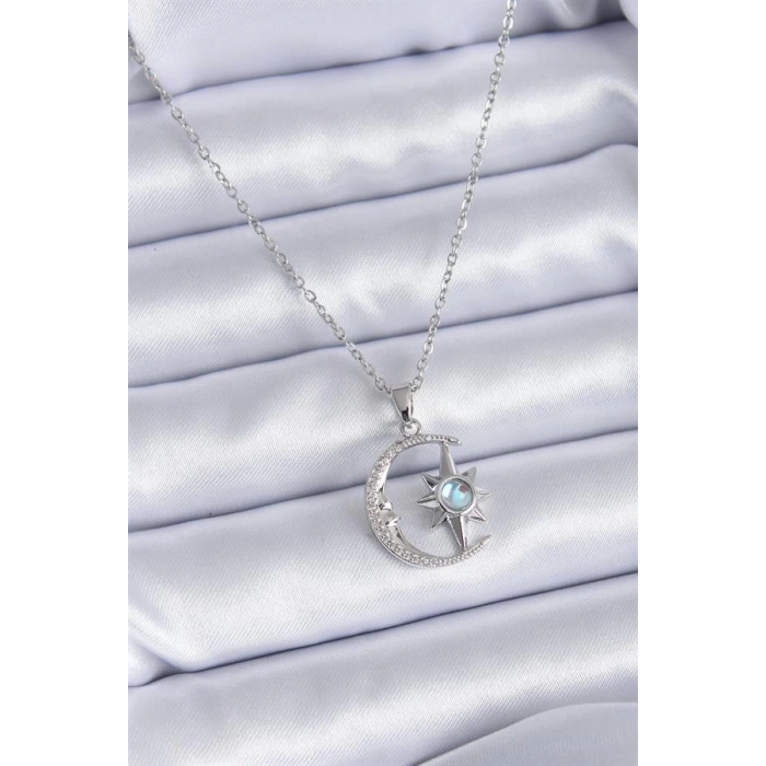 316L Çelik Gümüş Renk Zirkon Taşlı Ay Yıldız Model Kadın Kolye