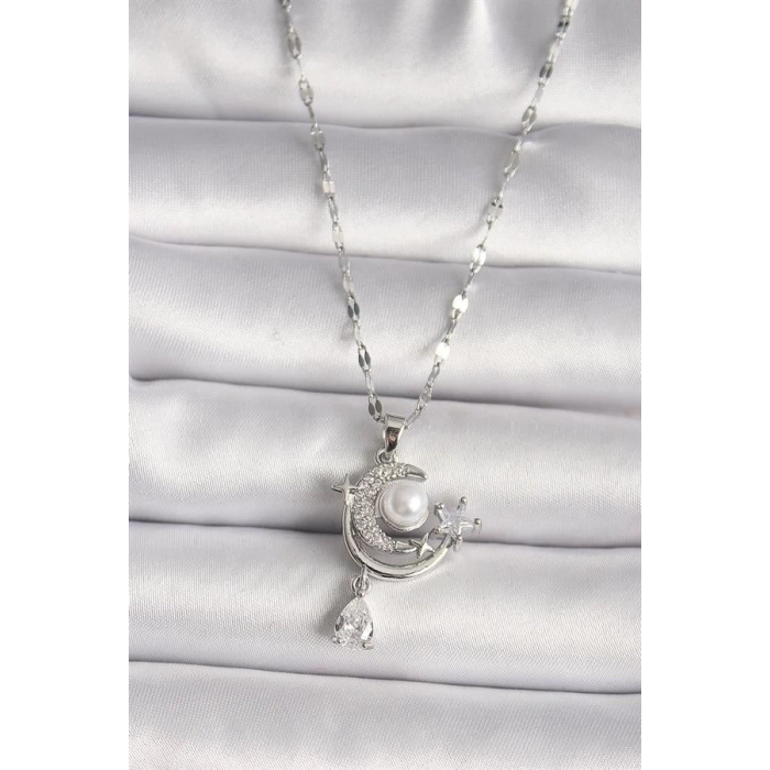 316L Çelik Gümüş Renk Zirkon Taşlı Ay Yıldız Sallantı Detay Kadın Kolye