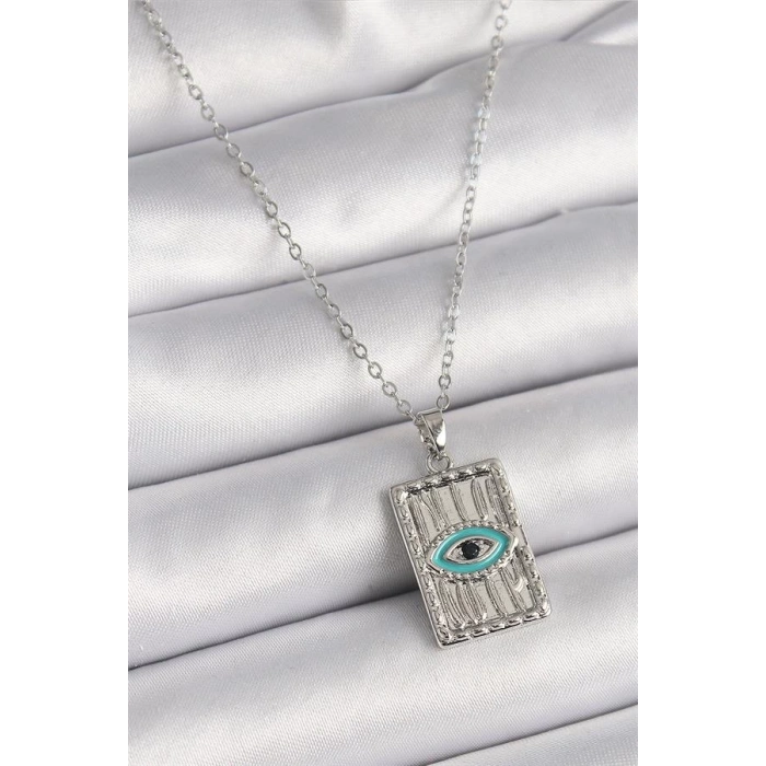 316L Çelik Gümüş Renk Zirkon Taşlı Göz İşleme Detaylı Plaka Model Kadın Kolye
