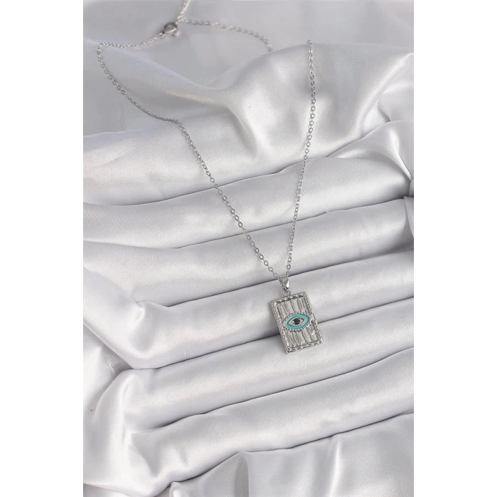 316L Çelik Gümüş Renk Zirkon Taşlı Göz İşleme Detaylı Plaka Model Kadın Kolye