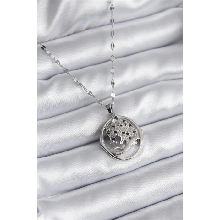 316L Çelik Gümüş Renk Zirkon Taşlı Jaguar Model Kadın Kolye