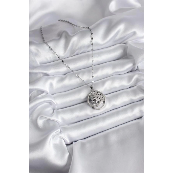 316L Çelik Gümüş Renk Zirkon Taşlı Jaguar Model Kadın Kolye