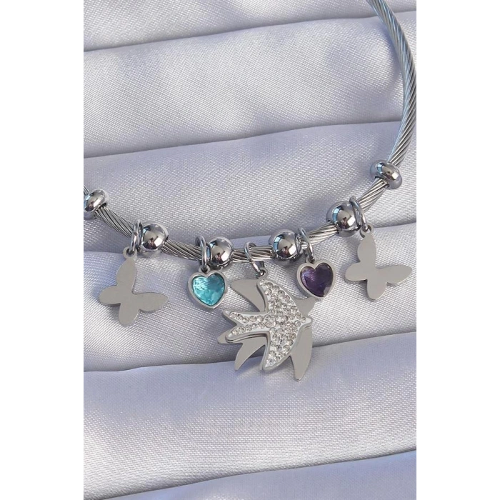 316L Çelik Gümüş Renk Zirkon Taşlı Kuş Tasarımlı Kelebek Detay Charm Bileklik