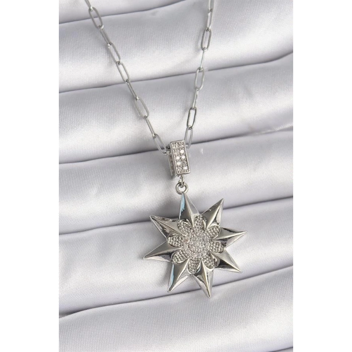 316L Çelik Gümüş Renk Zirkon Taşlı Kutup Yıldızı Model Kadın Kolye