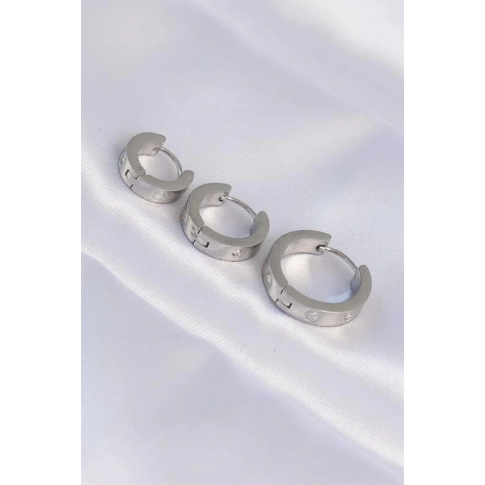 316L Çelik Gümüş Renk Zirkon Taşlı Model 3lü Halka Küpe