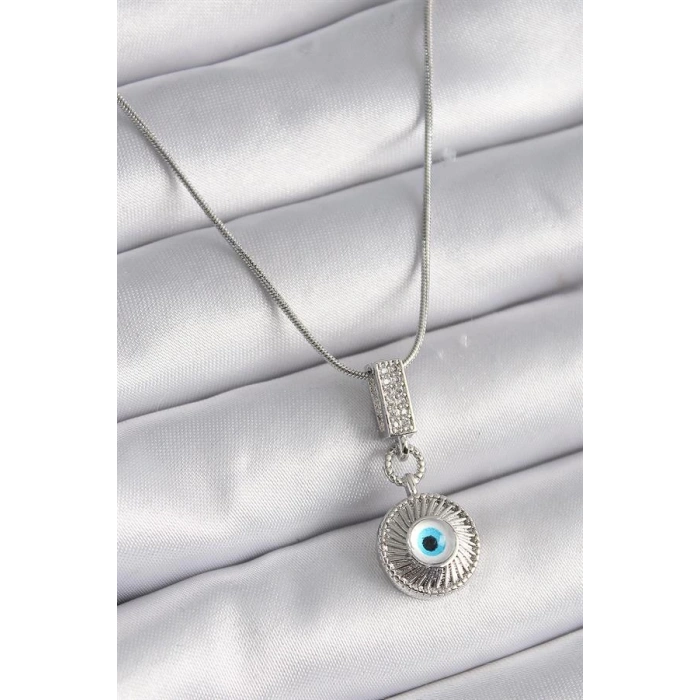 316L Çelik Gümüş Renk Zirkon Taşlı Nazar Boncuk Model Kadın Kolye