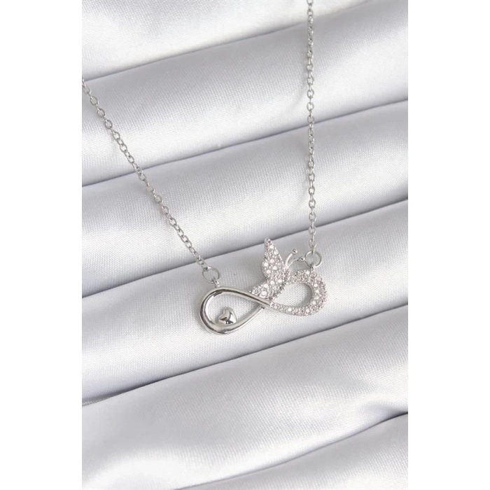 316L Çelik Gümüş Renk Zirkon Taşlı Sonsuzluk Model Kelebek Detay Kadın Kolye