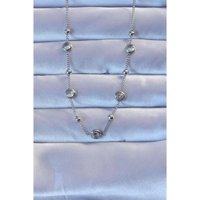 316L Çelik Gümüş Renk Zirkon Taşlı Top Zincirli Kolye