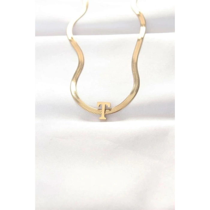 316L Çelik T Harfli Gold Renk İtalyan Zincirli Kolye