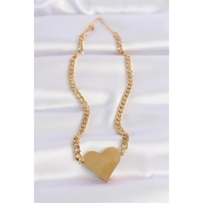 316L Çelik Zincir Altın Renk Düz Plaka Kalp Kolye