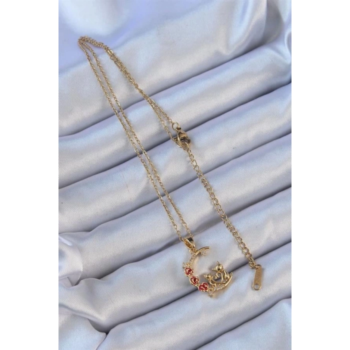 316L Çelik Zincir Altın Renk Kırmızı Gül Detay Kedi Figür Zirkon Taşlı Ay Kolye