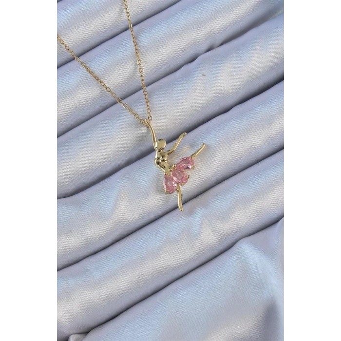 316L Çelik Zincir Altın Renk Pembe Zirkon Taşlı Balerin Kolye