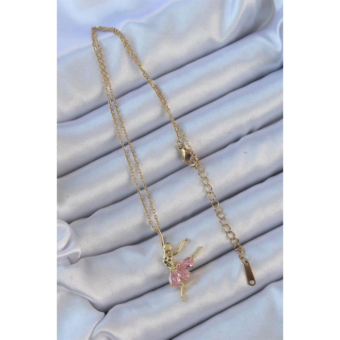 316L Çelik Zincir Altın Renk Pembe Zirkon Taşlı Balerin Kolye