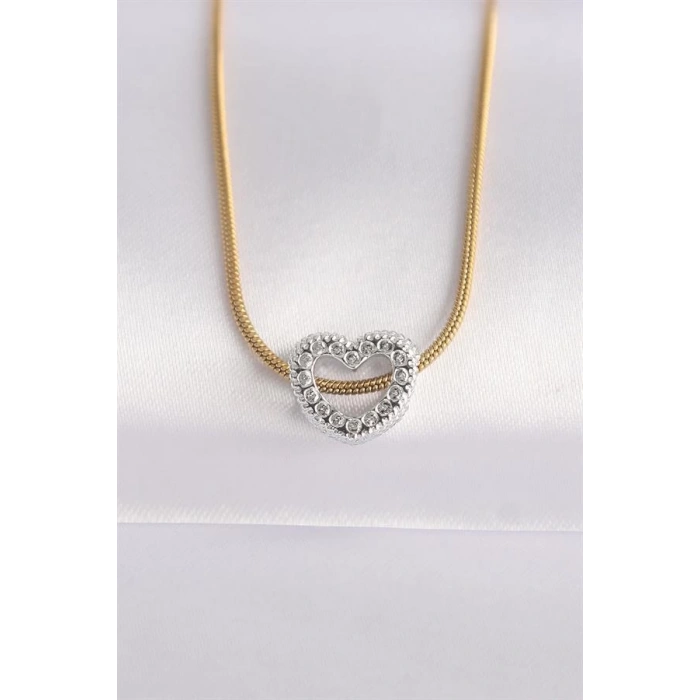 316L Çelik Zincir Altın Renk Zincirli Gümüş Renk Kalp Tasarımlı Kolye