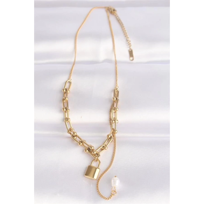 316L Çelik Zincir Altın Renk Zincirli Love Yazılı Kilit Kolye