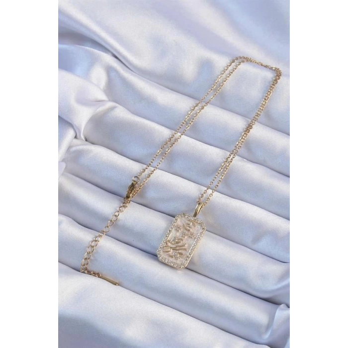 316L Çelik Zincir Altın Renk Zirkon Taşlı Çerçeveli Tarot Kolye