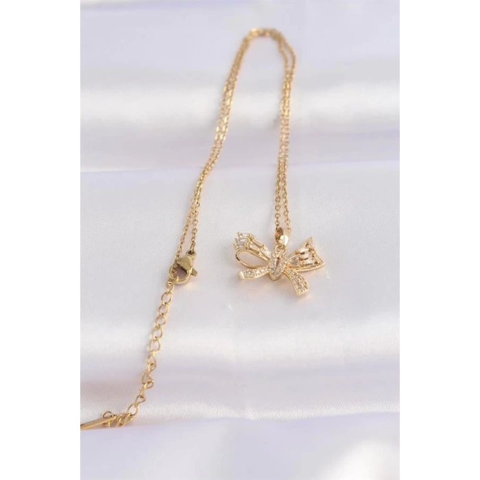 316L Çelik Zincir Altın Renk Zirkon Taşlı Fiyonk Kolye