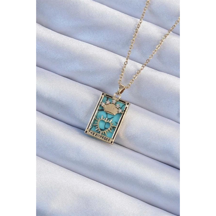 316L Çelik Zincir Altın Renk Zirkon Taşlı Mavi Mermer Desenli Taç Model Tarot Kolye