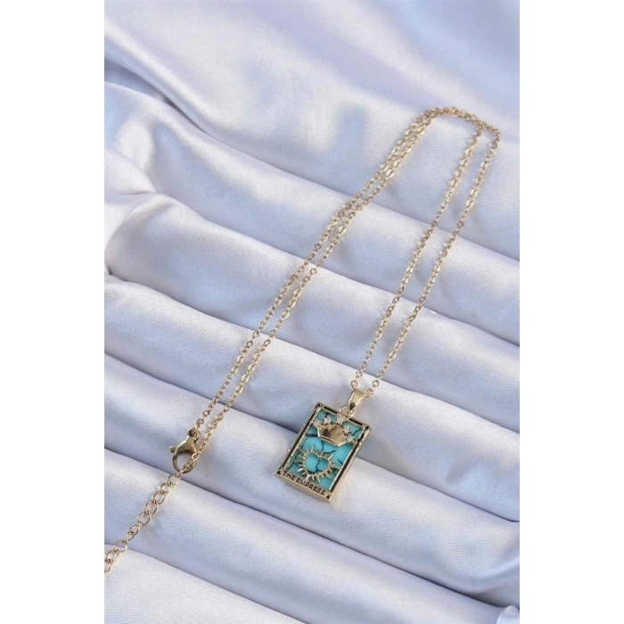 316L Çelik Zincir Altın Renk Zirkon Taşlı Mavi Mermer Desenli Taç Model Tarot Kolye