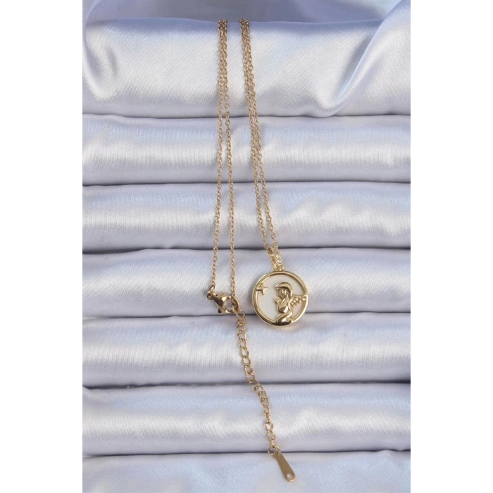 316L Çelik Zincir Altın Renk Zirkon Taşlı Mineli Melek Kolye