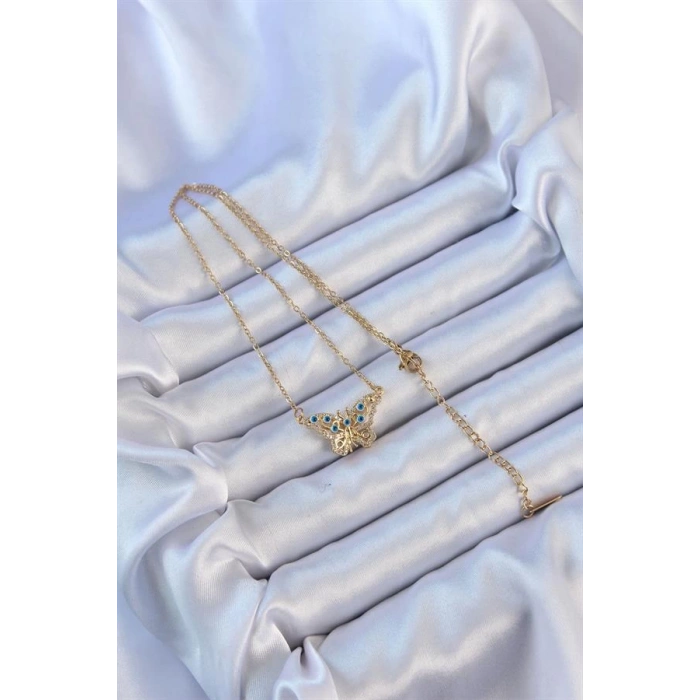 316L Çelik Zincir Altın Renk Zirkon Taşlı Nazarlı Kelebek Kolye
