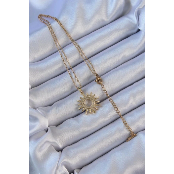 316L Çelik Zincir Altın Renk Zirkon Taşlı Parlayan Güneş Kolye