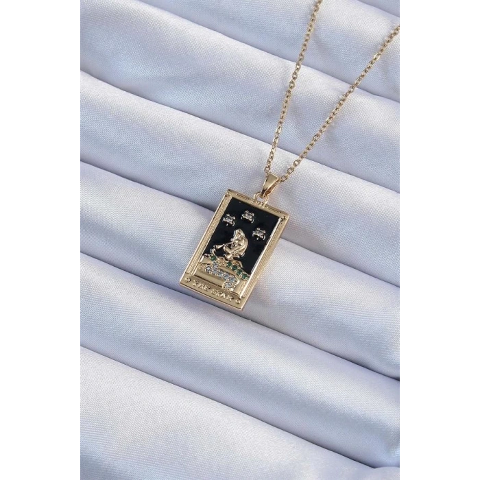 316L Çelik Zincir Altın Renk Zirkon Taşlı Siyah Mineli Kız Figürlü Tarot Kolye