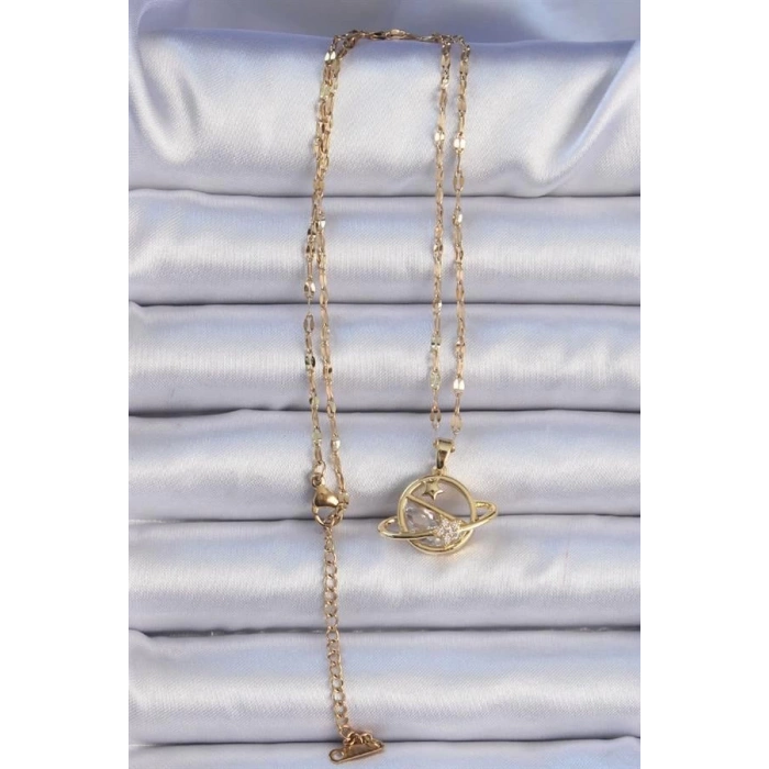 316L Çelik Zincir Altın Renk Zirkon Taşlı Yıldızlı Satürn Kolye