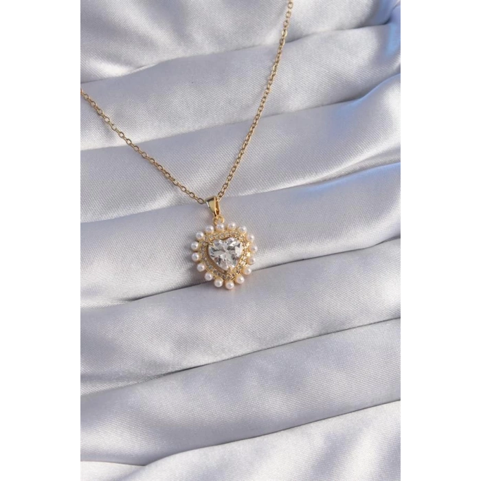 316L Çelik Zincir Gold Renk İncili Zirkon Taşlı Kalp Tasarımlı Kolye