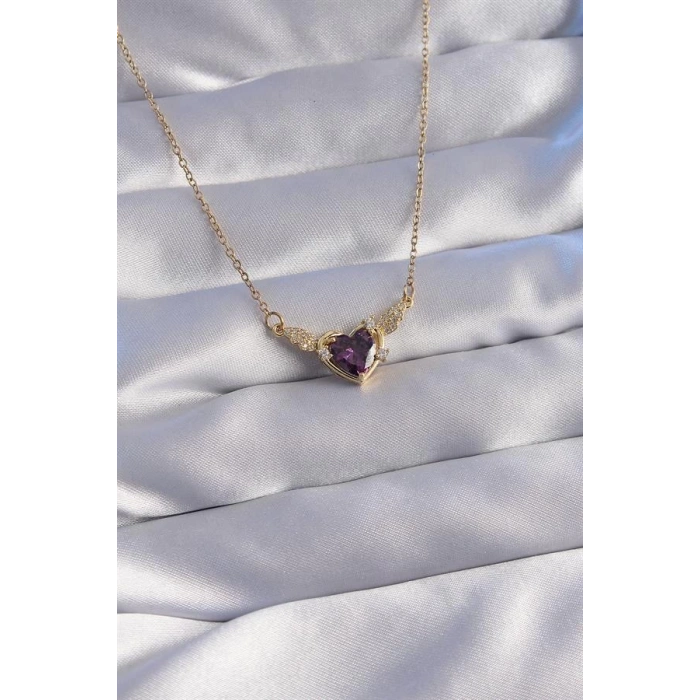 316L Çelik Zincir Gold Renk Mor Zirkon Taşlı Kanatlı Kalp Kolye