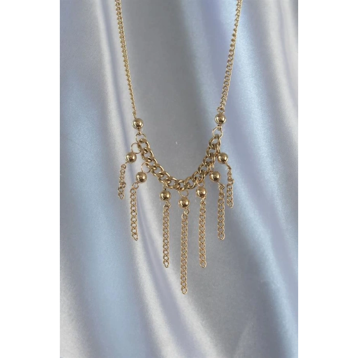 316L Çelik Zincir Gold Renk Topçuk Detay Sallantılı Zincir Kolye