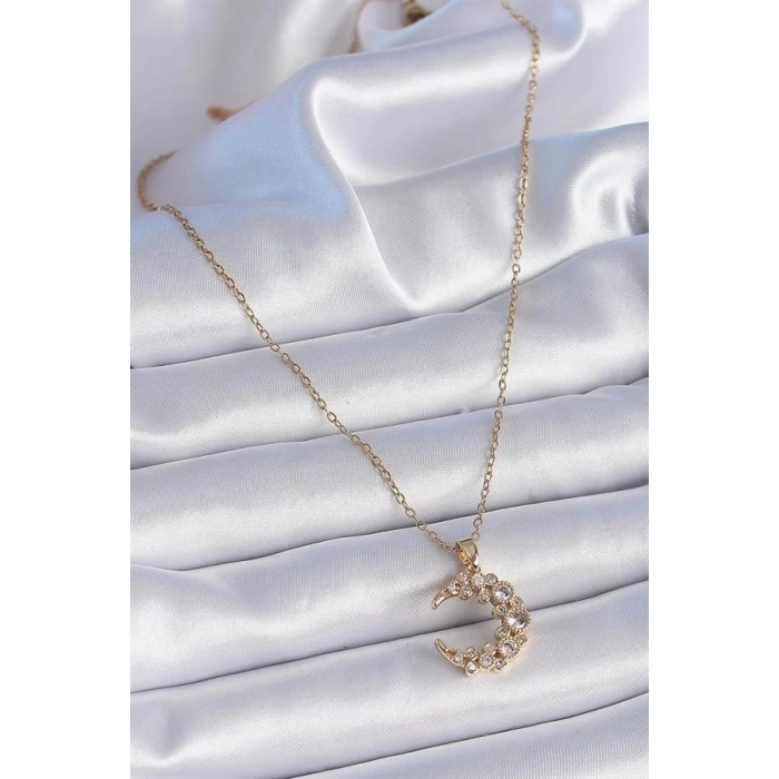 316L Çelik Zincir Gold Renk Zirkon Taşlı Hilal Model Kadın Kolye