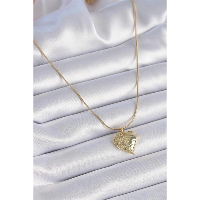 316L Çelik Zincir Gold Renk Zirkon Taşlı Kalp Kanat İşlemeli Kadın Kolye