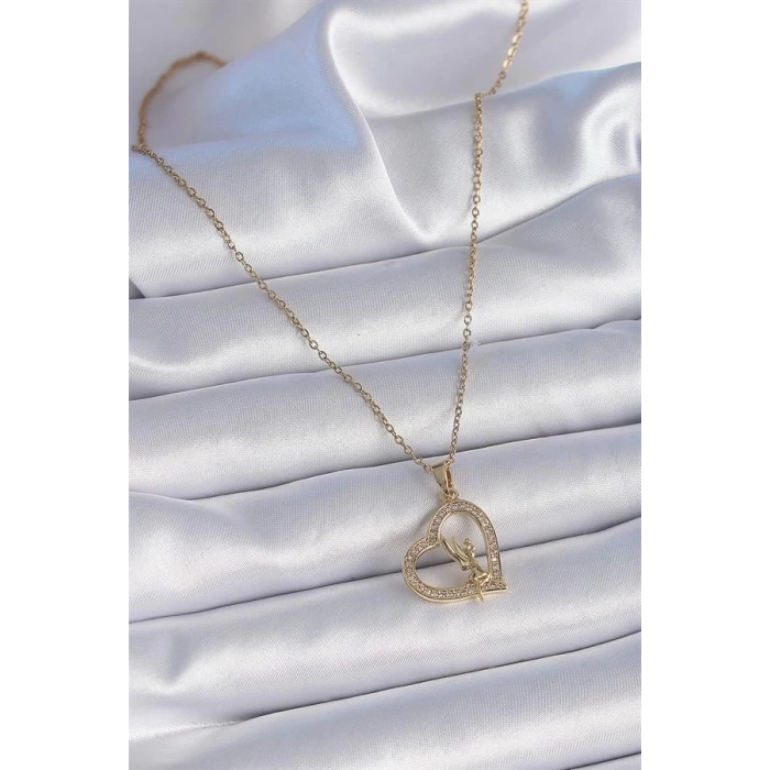 316L Çelik Zincir Gold Renk Zirkon Taşlı Kalp Model Melek Detay Kadın Kolye