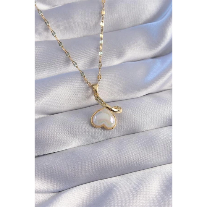 316L Çelik Zincir Gold Renk Zirkon Taşlı Mineli Kalp Kolye