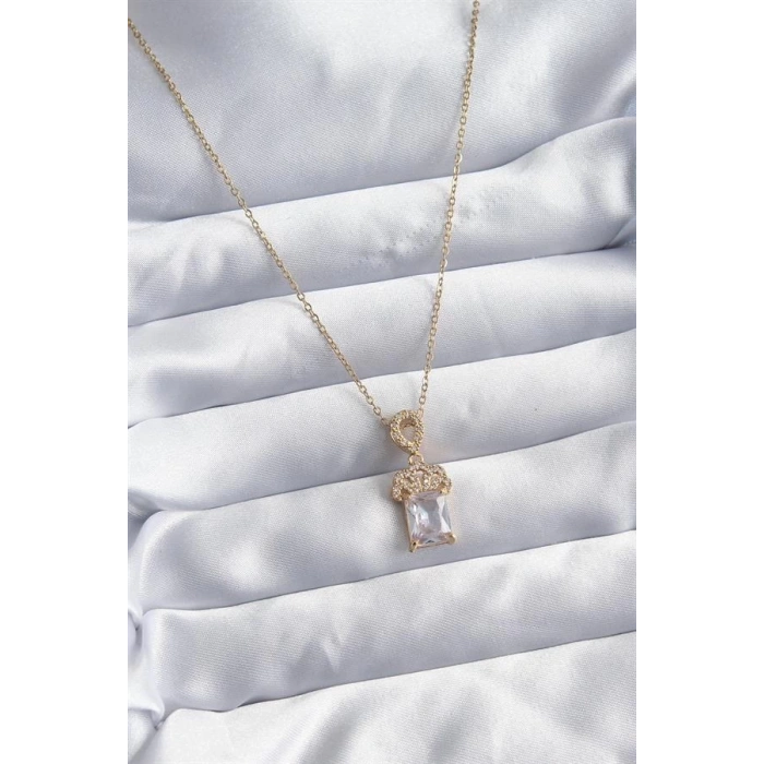 316L Çelik Zincir Gold Renk Zirkon Taşlı Taç Model Kadın Kolye