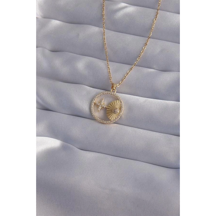 316L Çelik Zincir Gold Renk Zirkon Taşlı Yıldız Figürlü Oval Kolye