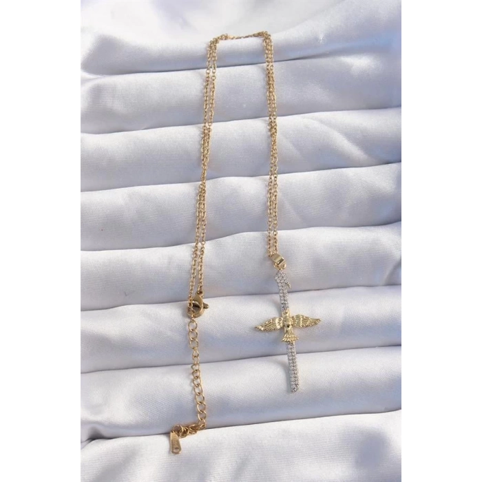316L Çelik Zincir Gold Renkli Zirkon Taşlı Anka Kuşu Kolye