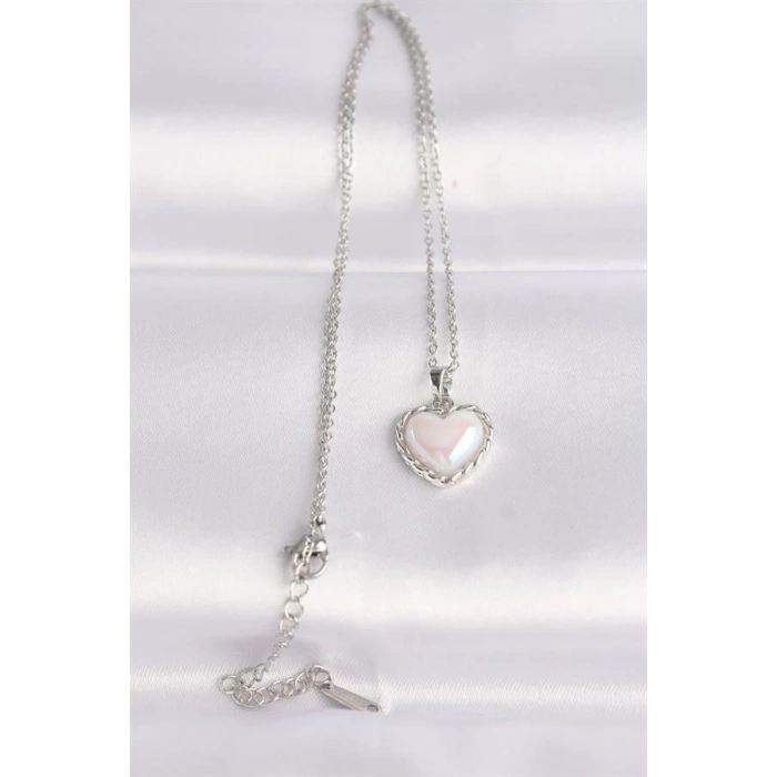 316L Çelik Zincir Gümüş Renk Beyaz Taşlı Bombeli Kalp Kolye