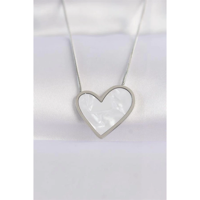 316L Çelik Zincir Gümüş Renk Mermer Desenli Kalp Kolye