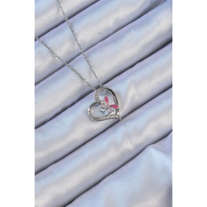 316L Çelik Zincir Gümüş Renk Mineli Kelebek Figür Zirkon Taşlı Kalp Kolye