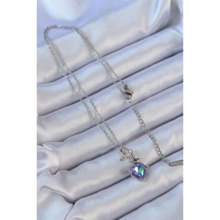 316L Çelik Zincir Gümüş Renk Mor Mavi Renk Zirkon Taşlı Kalp Detay Peri Kolye